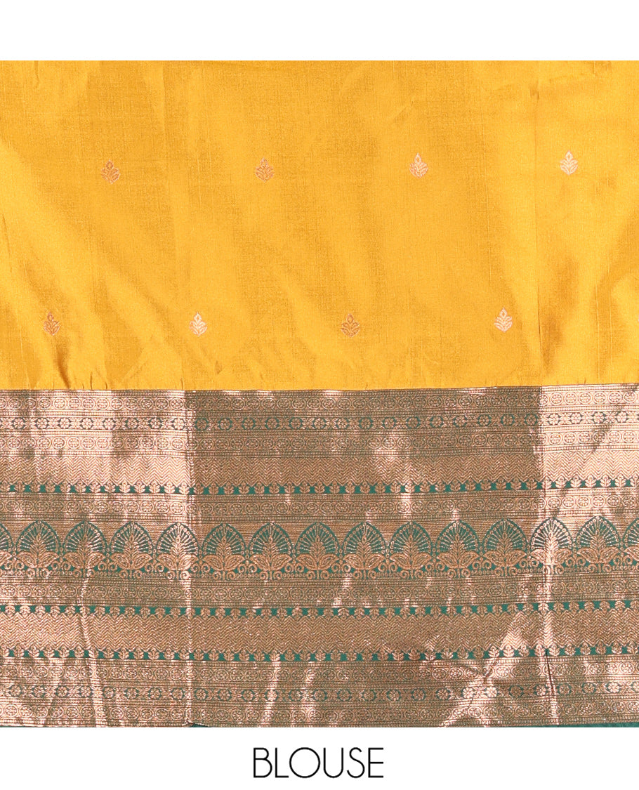 Yellow Semi-Banarasi Half-Saree Featuring Buttas Skirt, Contrast Traditional Border, Matching Blouse, Satin Georgette Dhavani