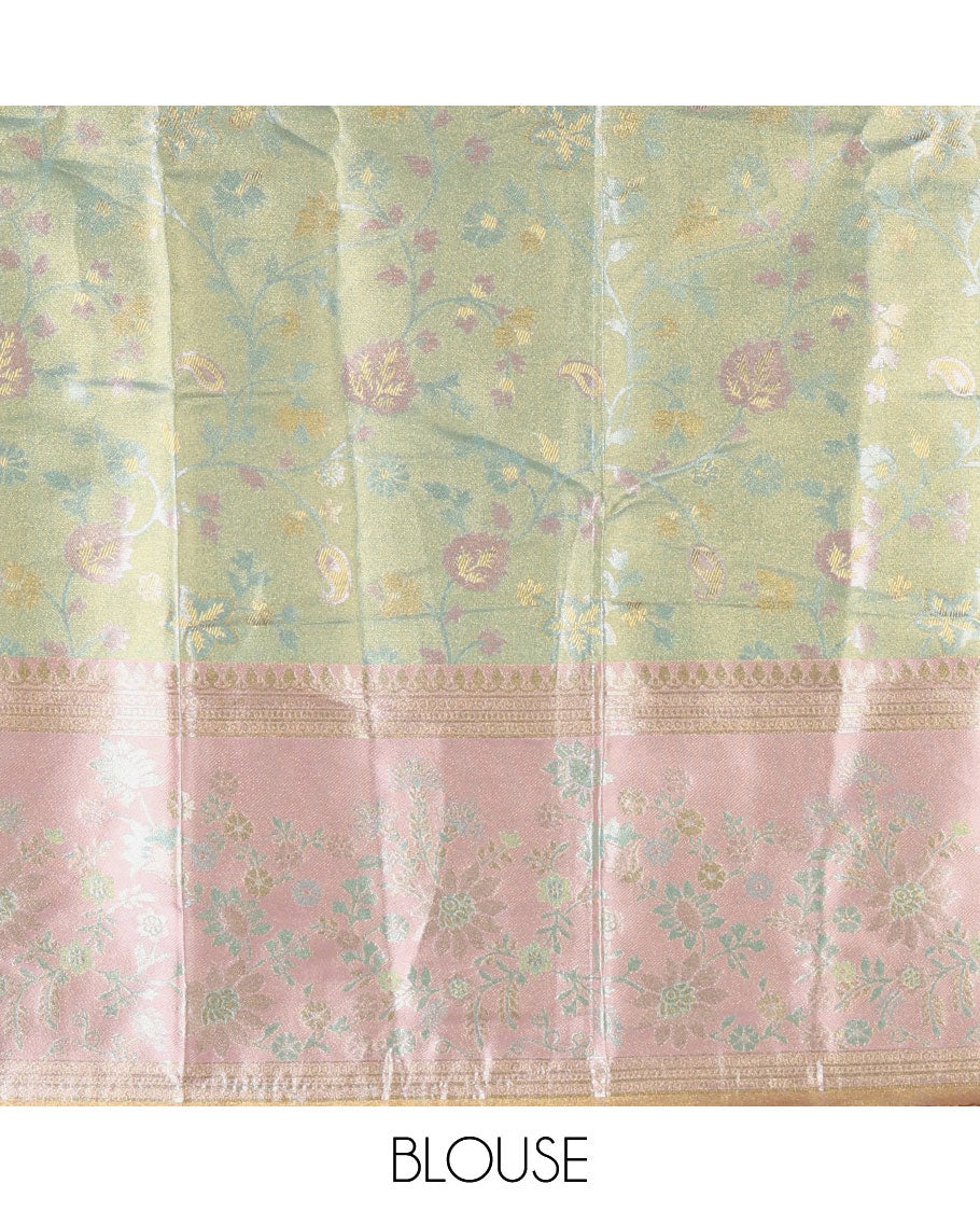 Pale green banarasi half-saree, floral jaal thread weave with contrast floral thread bordered skirt, a matching blouse, and scallop embroidered dhavani with belt