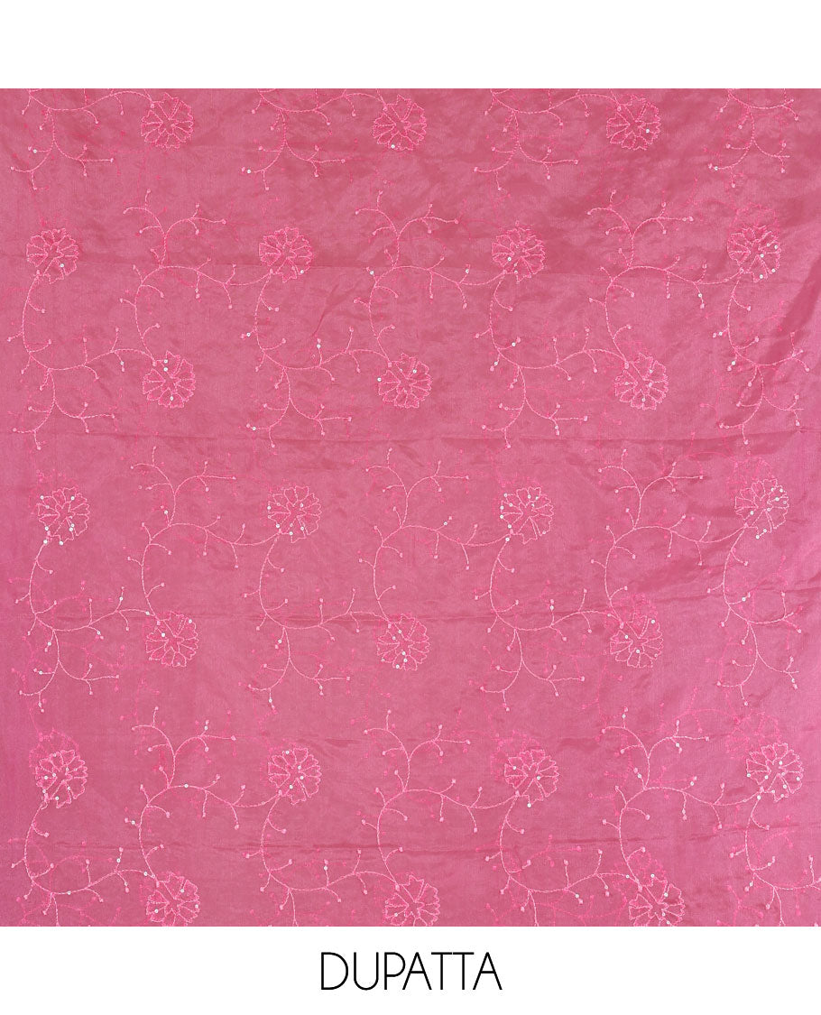 Pink churidar material set, floral print with thread outlined organza top, plain santoon bottom, and floral vine sequins embroidered organza dupatta