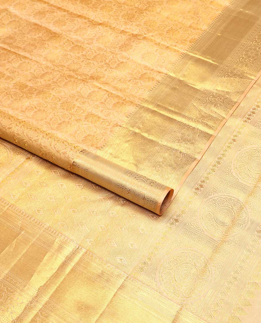 Cream floral vine design silk saree with self border of intricate zari design border & floral design pallu