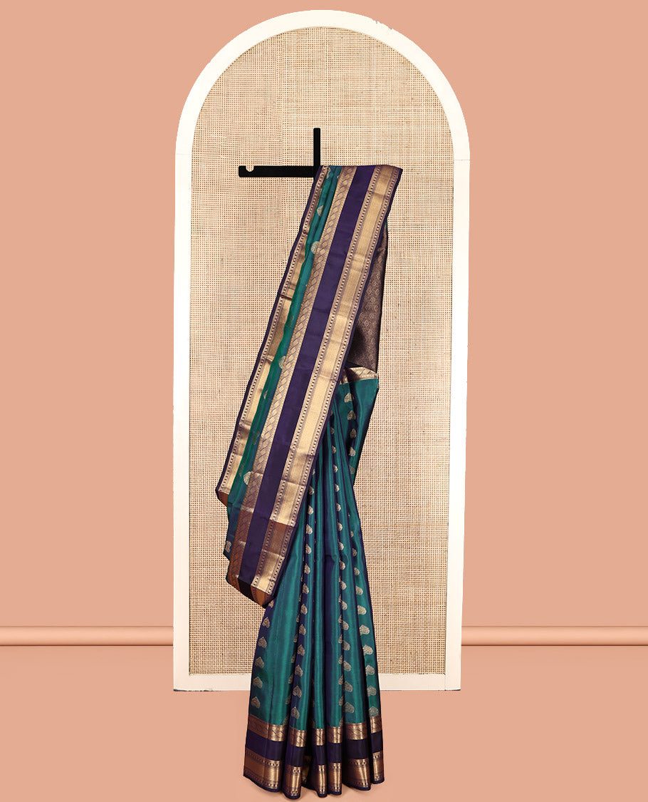 Green Vasundhara Lite Silk Mix Saree, Beautified with Zari Buttas, Contrast Rettai Pettu Traditional Border, Grand Jaal Pallu, and a Contrast Blouse