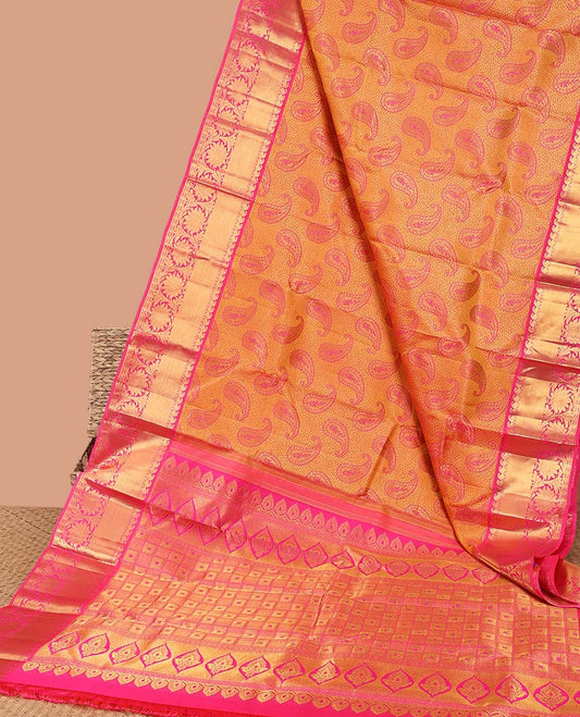 Orange paisley silk saree with contrast border of paisley,banaras,kodi visiry,paun designs & floral, checked zari design pallu