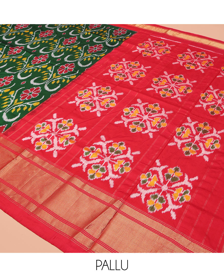 Green Ikkat Silk Saree, Enriched with Ikkat Floral Designs All Over Its Body, Complemented by a Contrast Temple Border of Diamond Zari Designs, Pallu of Floral Ikkat Designs, and Paired with a Contrast Blouse