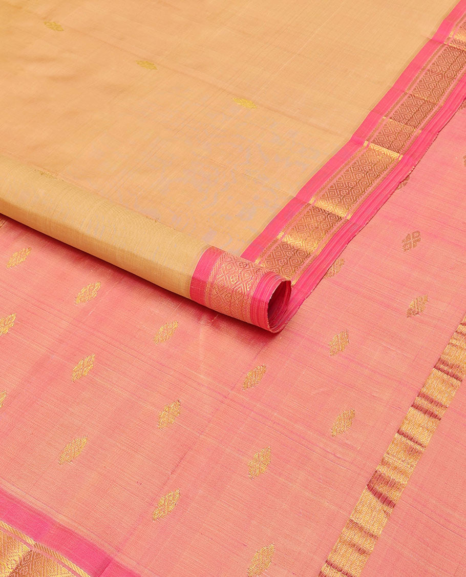 Light orange floral buttas kancheepuram silk saree with contrast zari design border & striped, floral design pallu