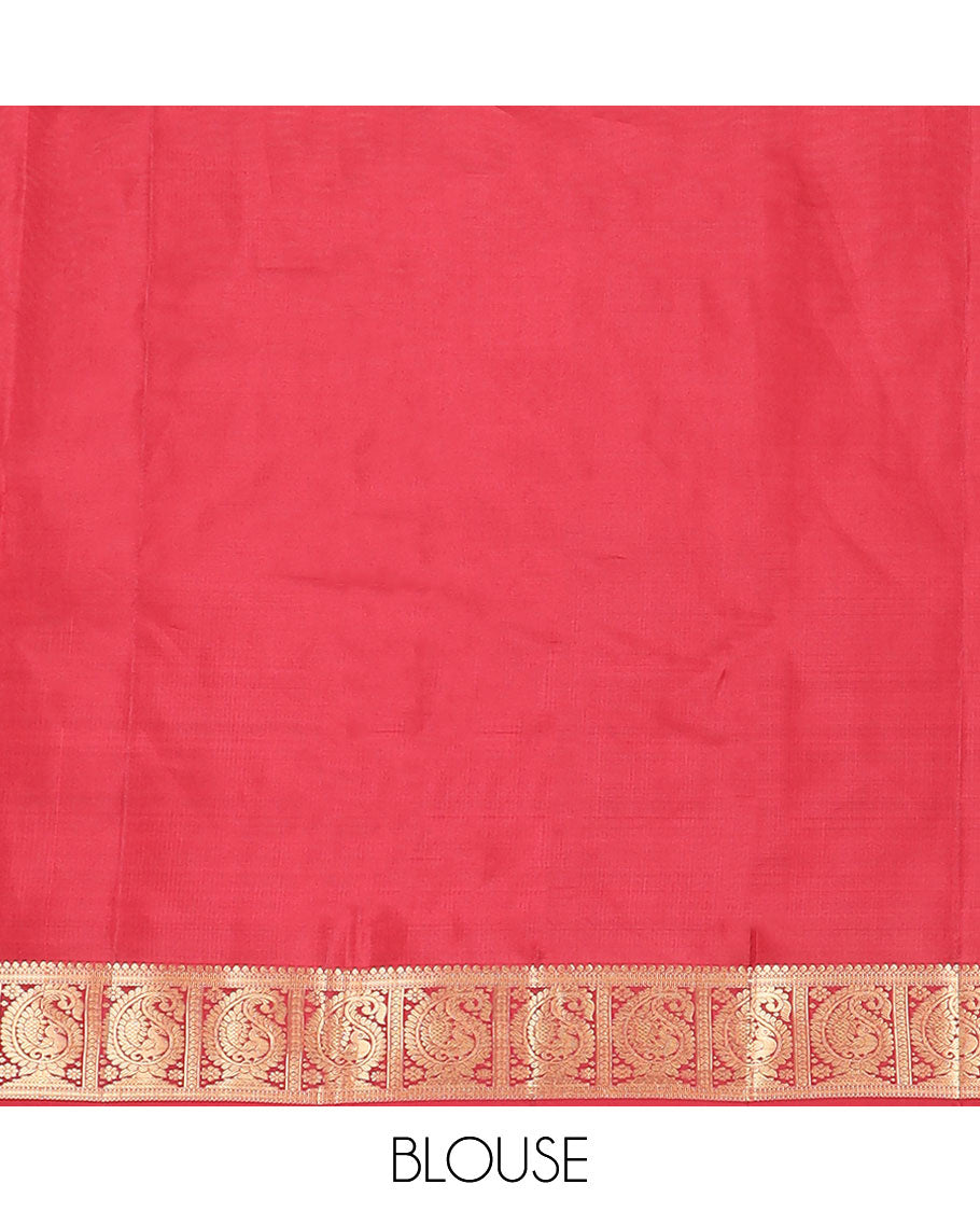 Red manga zari buttas vasundhara silk mix saree, intricate pallu & border of salngai, neli & mayil enclosed manga