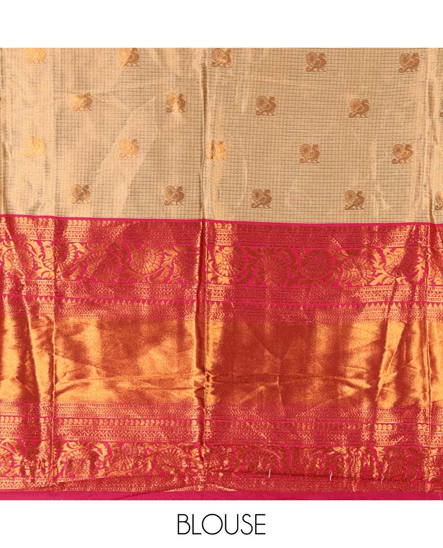 Gold banaras half saree, zari buttas with contrast rani pink traditional zari border skirt, matching blouse, dhavani of zari checks, and buttas