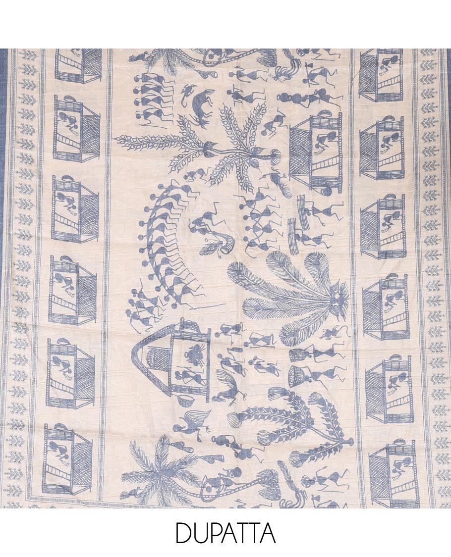 Blue material churidar set, warli tribe village theme print with mirror work semi-tussar top, plain bottom, and warli tribe village theme print semi-tussar dupatta