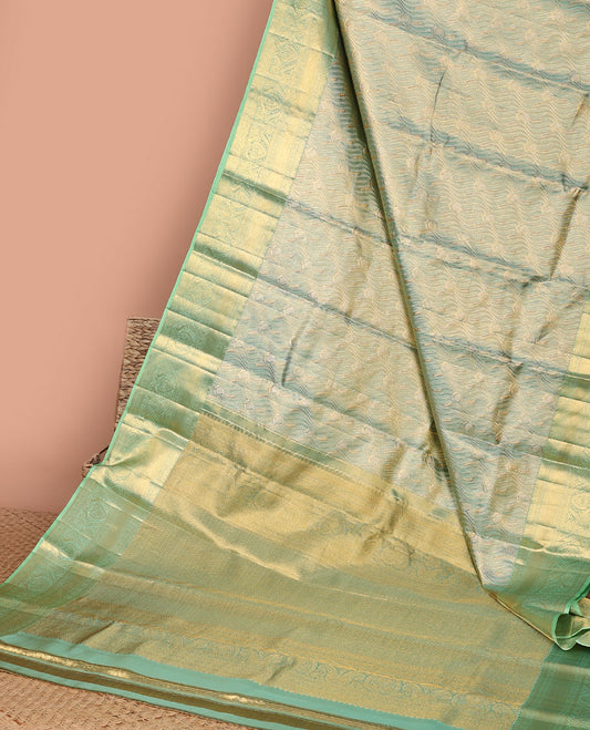 Green striped floral design kancheepuram tissue silk saree,contrast border of thilkam,poo chakram,banaras , manga & intricate pallu