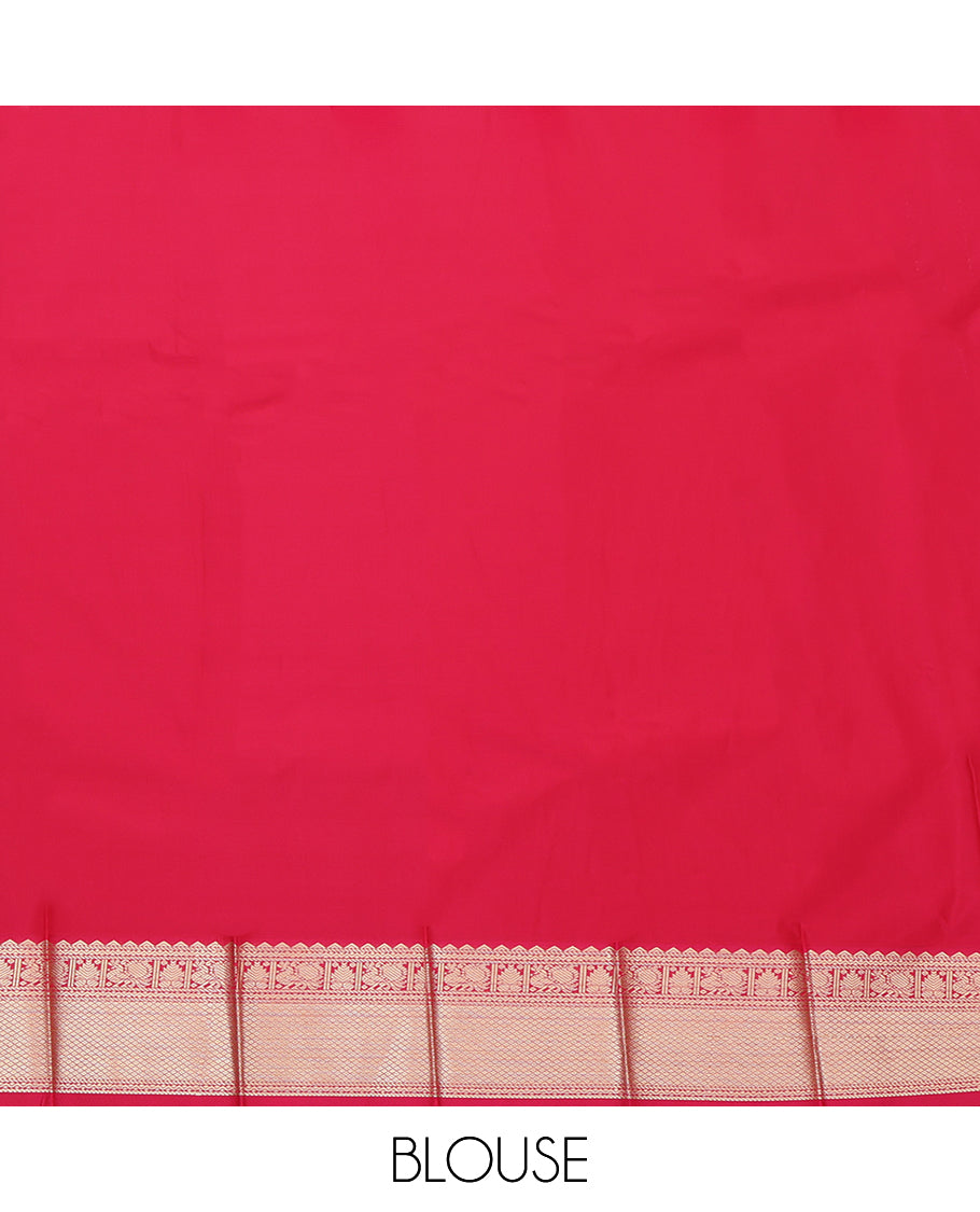 Black Budget Silk Saree, Bedecked with Zari Buttas and Stripes, Complemented by a Contrast Traditional Zari Border, Grand Jaal Pallu, and Contrast Blouse