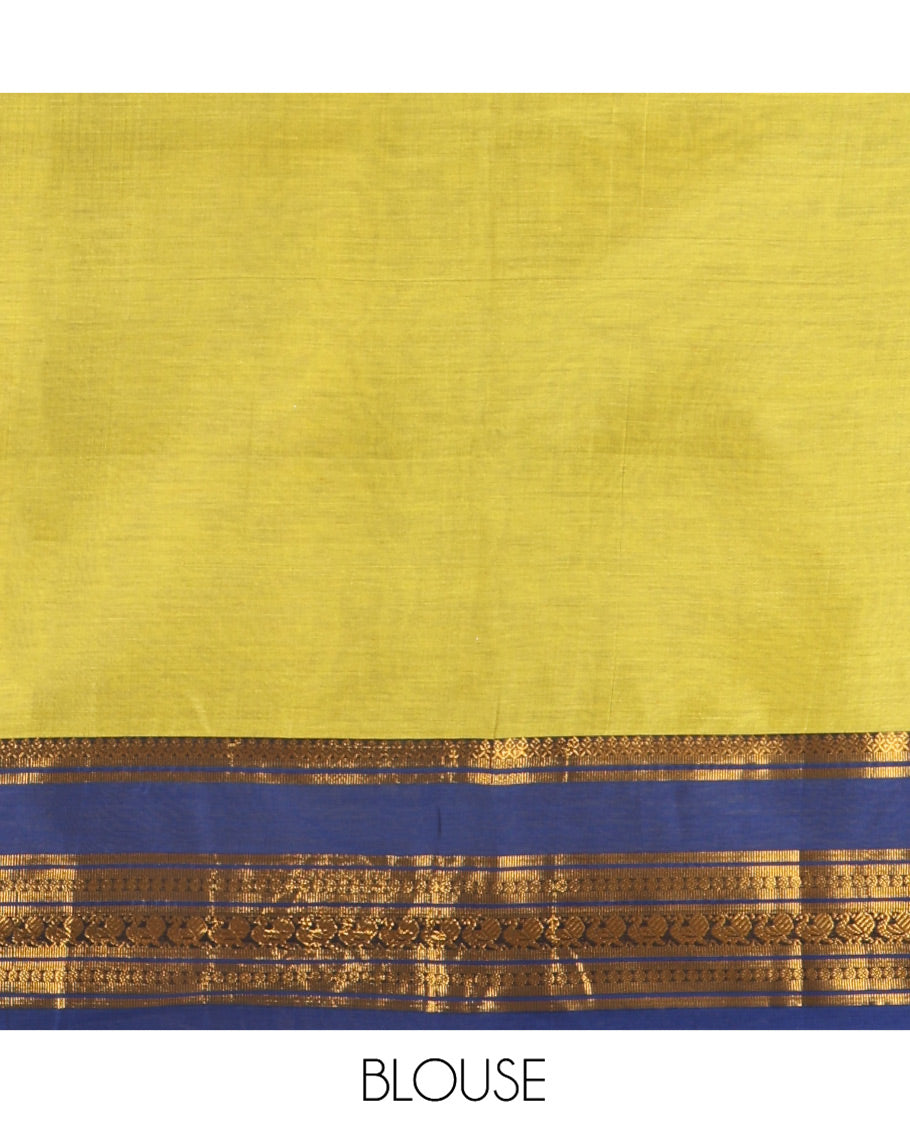 Liril Green-Royal Blue Mercerised Cotton Half-Saree Features Plain with Contrast Traditional Zari Varisai Pettu Annam-Motif Bordered Skirt, Paired with a Matching Blouse, and Comes with a Contrast Zari-Bordered Dhavani