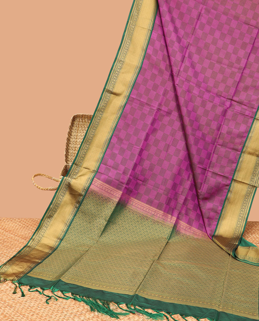 Purple checked soft silk saree with contrast intricate zari design & argyle design pallu