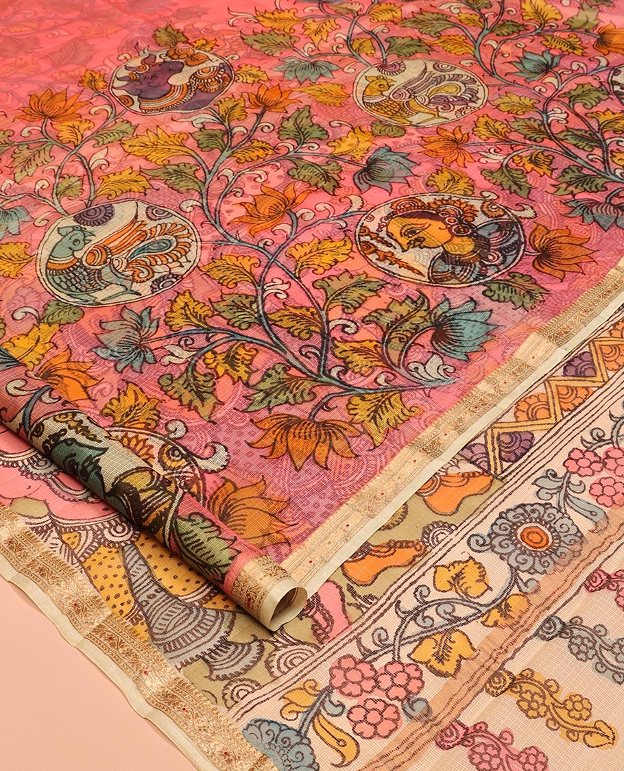Pink Floral Vine Pen Kalamkari Silk Saree, Contrast Zari Border, God Motif Pallu, Contrast Blouse