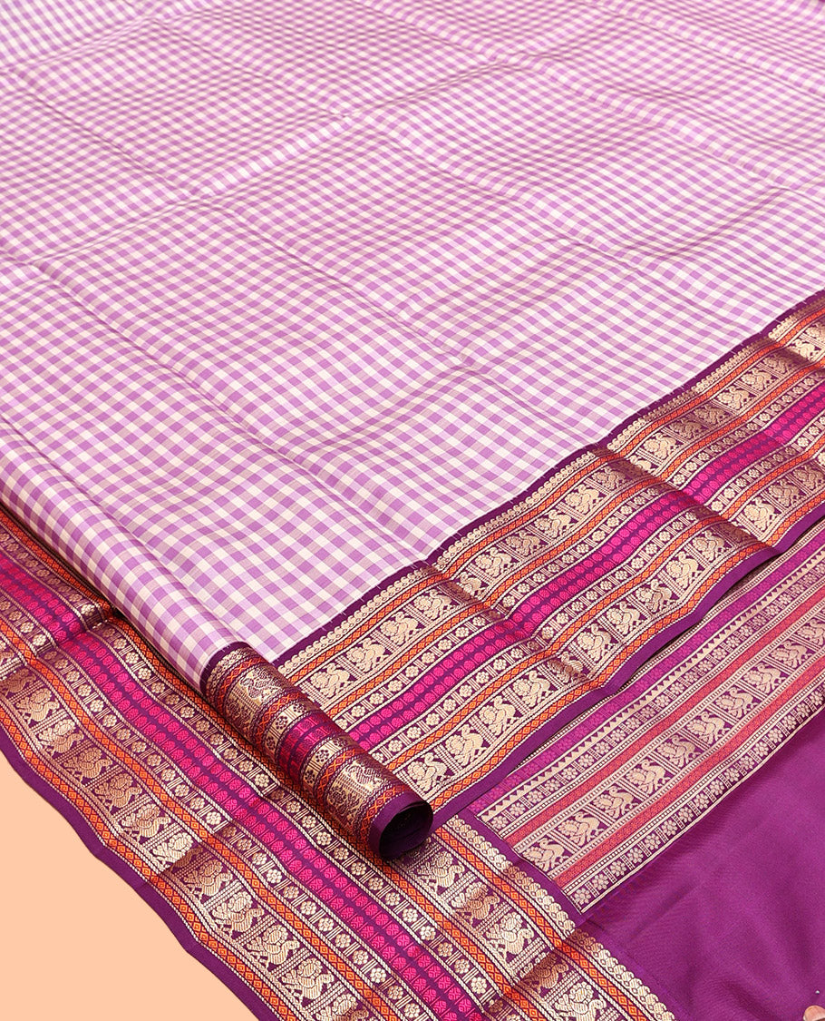 Light Purple Checked Kanchipuram Silk Saree, a Contrast Korvai Border of Manga Mokku, Diamond, Mayil, Kamalam, and Poun Designs, Traditional Pallu, and a Contrast Blouse