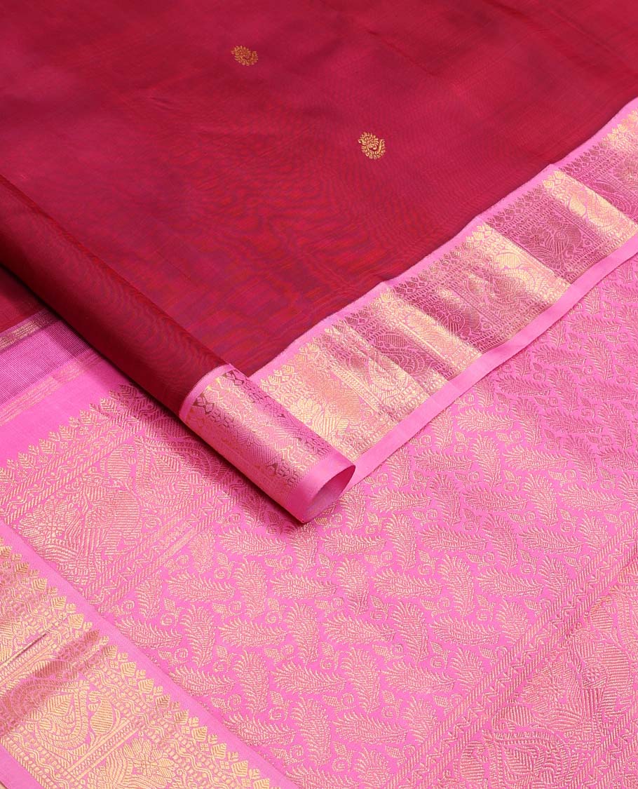 Red zari buttas Kanchipuram korvai silk saree, contrast neer korvai border of thilakam mokku, muthu, rettai neli, and mayil designs, and zari design pallu