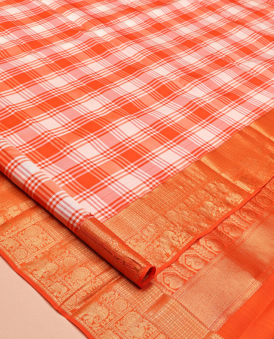 Orange-White Checked Vasundhara Lite Silk Mix Saree, a Zari Border of Mayil, Chakram, and Yaanai Designs, Grand Pallu, and a Matching Blouse