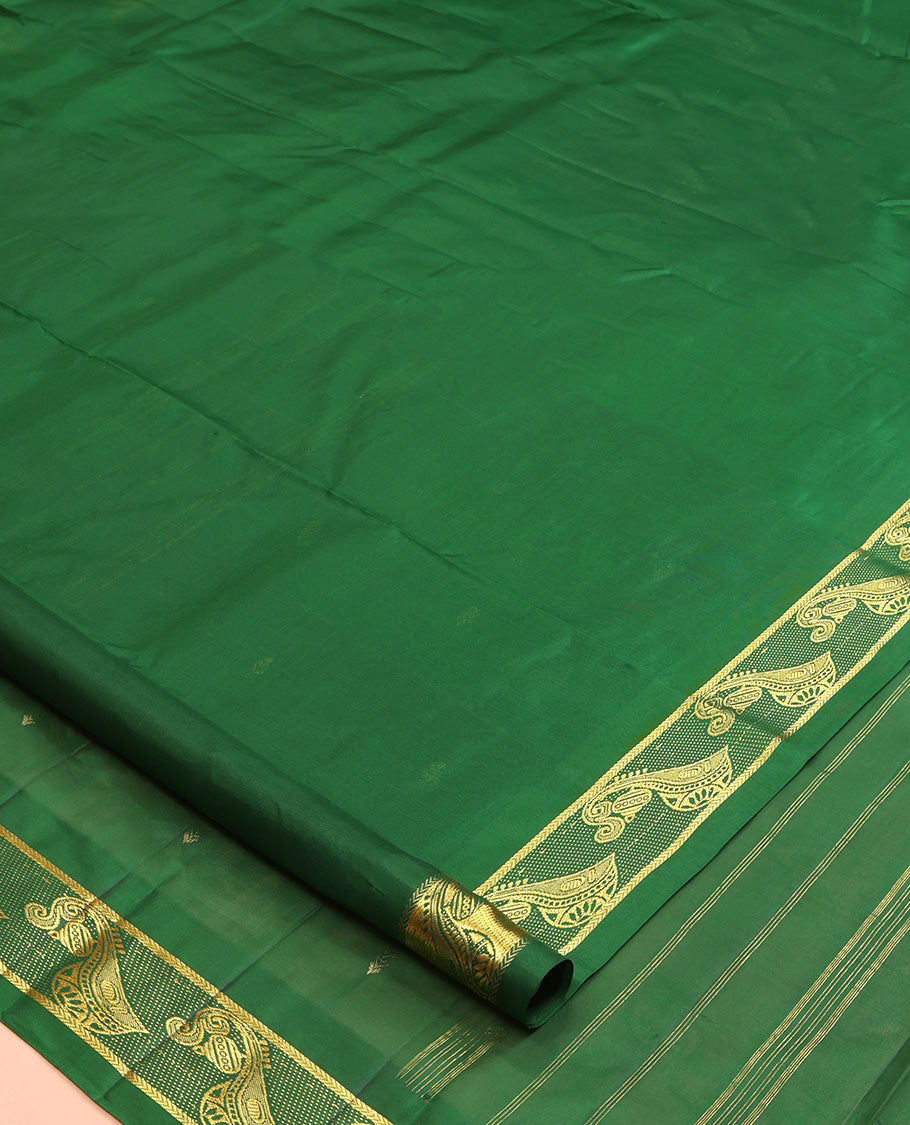 Green Kanchipuram Silk Saree, Woven with Zari Buttas, a Musical Instrument Motif Woven Border, Zari Design Pallu, and a Matching Blouse