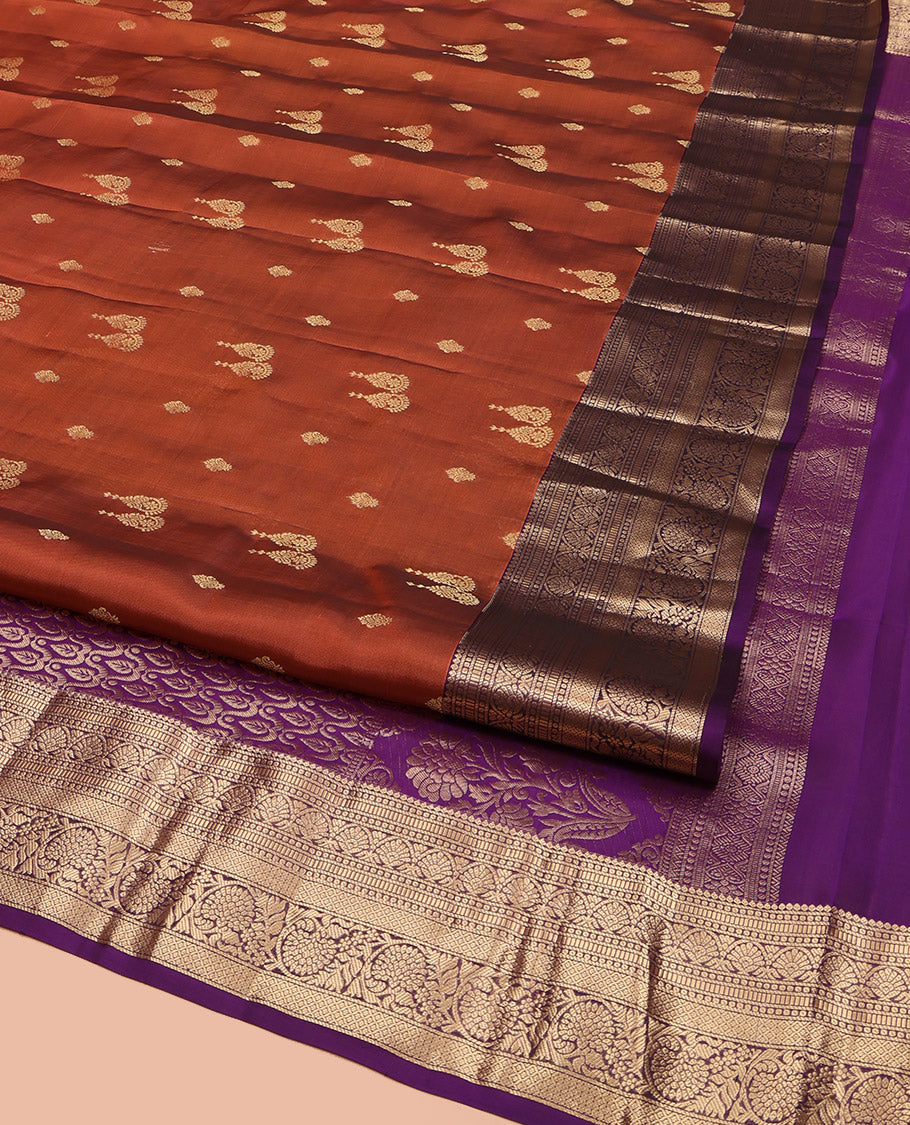 Rust Orange Vasundhara Lite Silk Mix Saree, Detailed with Zari Buttas, Complemented by a Contrast Border of Thilakam, Muthu, Jaal, and Kodi Visiry Designs, Majestically Detailed Pallu, and Paired with a Contrast Blouse