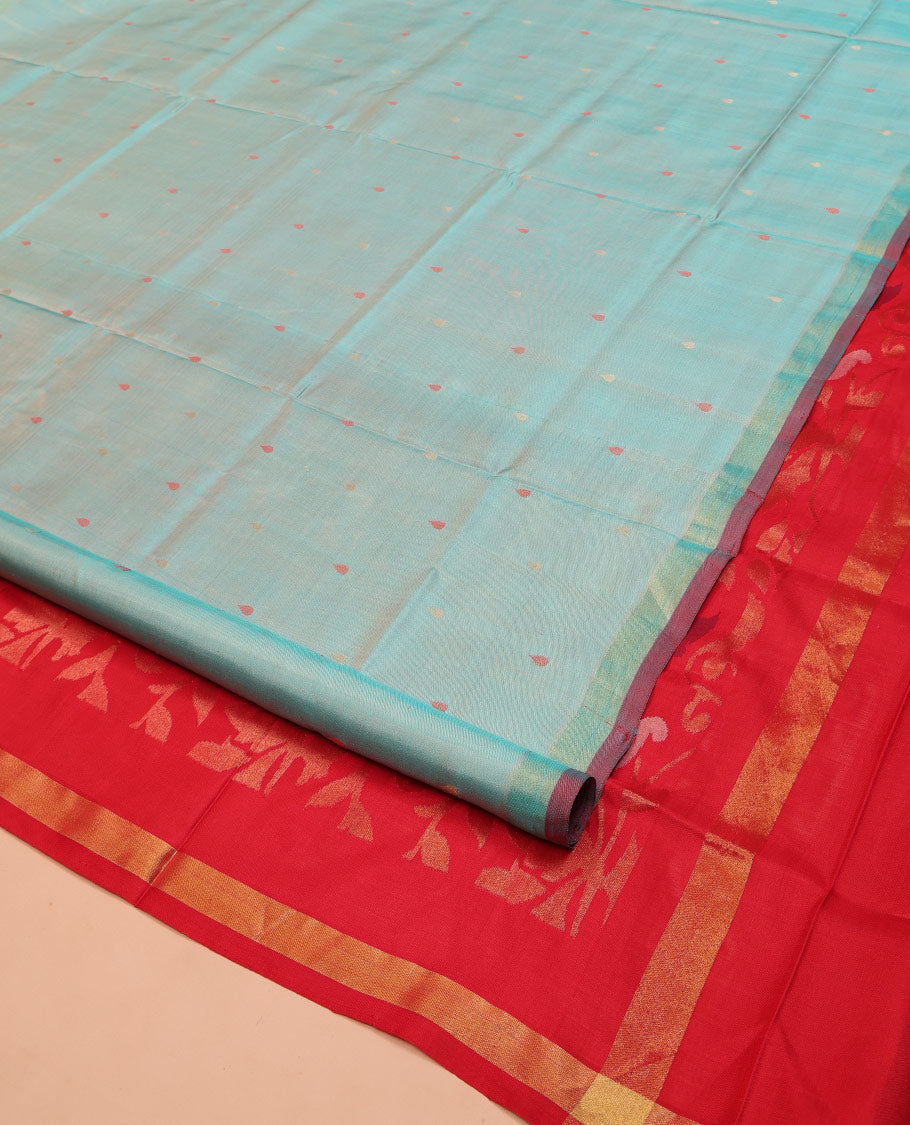 Blue Uppada Silk Saree, Steeped with Meena Buttas All Over Its Body, Subtle Piping Border, Complemented by Contrast Pallu of Floral Jaal Designs, and Paired with a Contrast Blouse