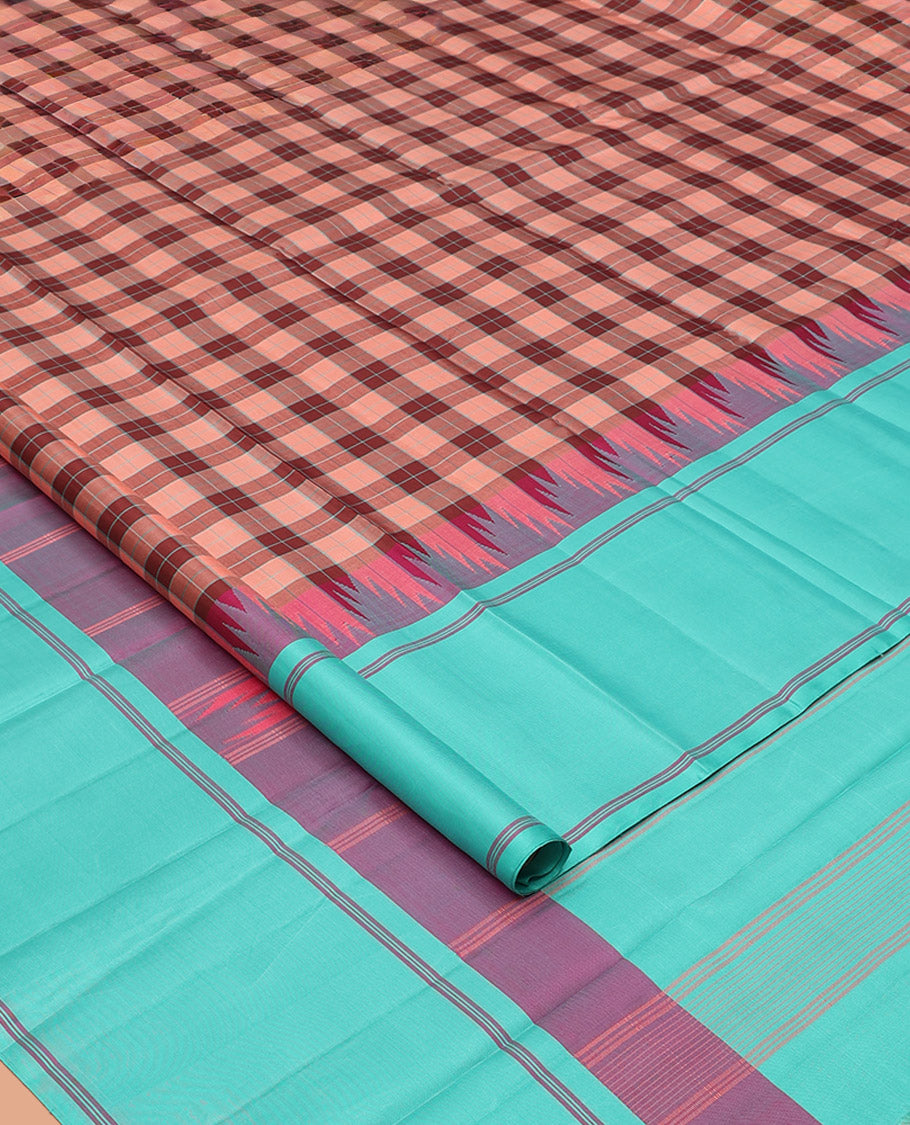 Multi-Color Palum Pazhamum Checked Kanchipuram Silk Saree,complemented by a Contrast Rettai Pettu Thazampoo Rekku Border, Pallu of Stripes, and Paired with a Contrast Blouse