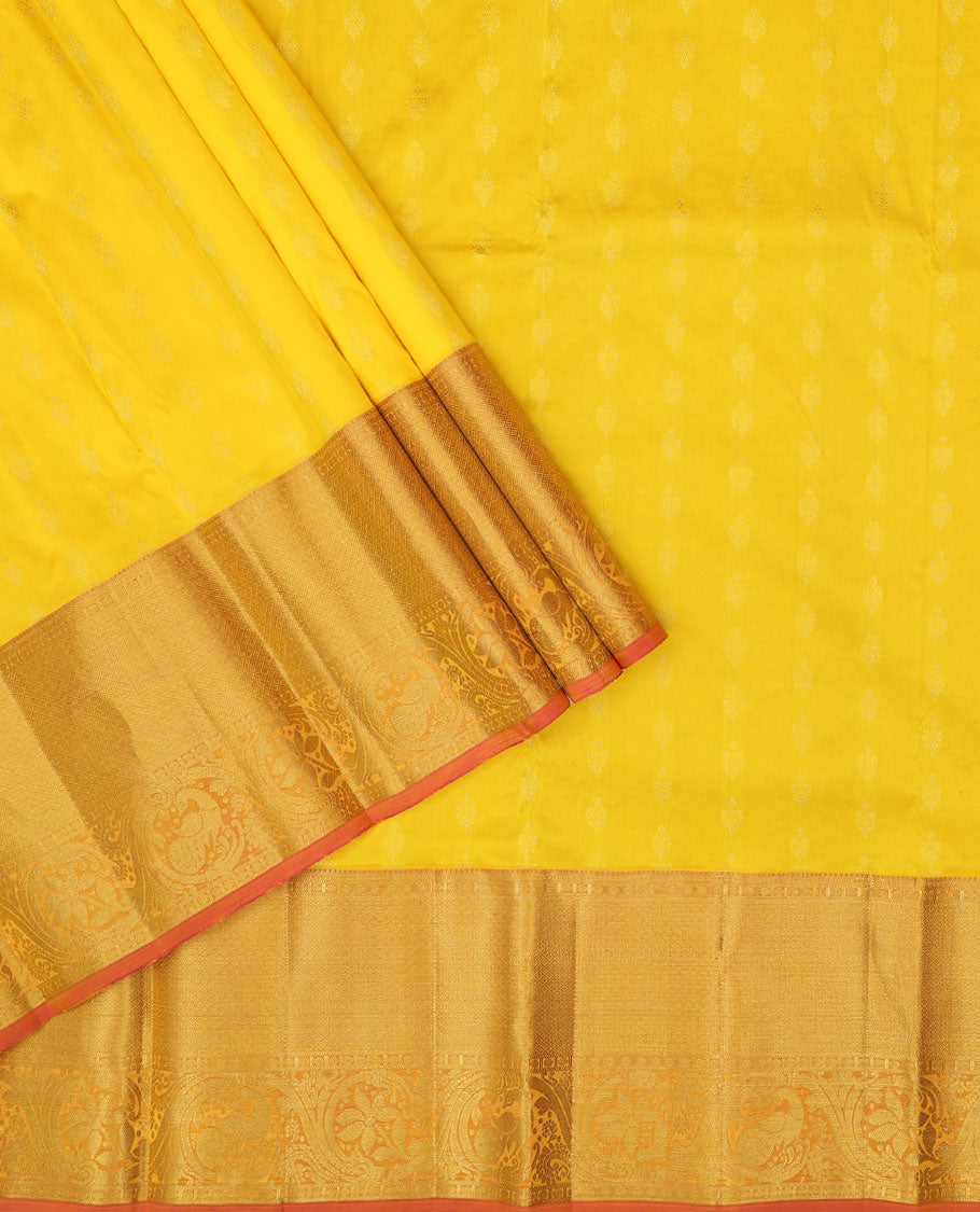 yellow floral buttas pure silk half saree with contrast intricate zari design border, zari design blouse & floral zari design dhavani