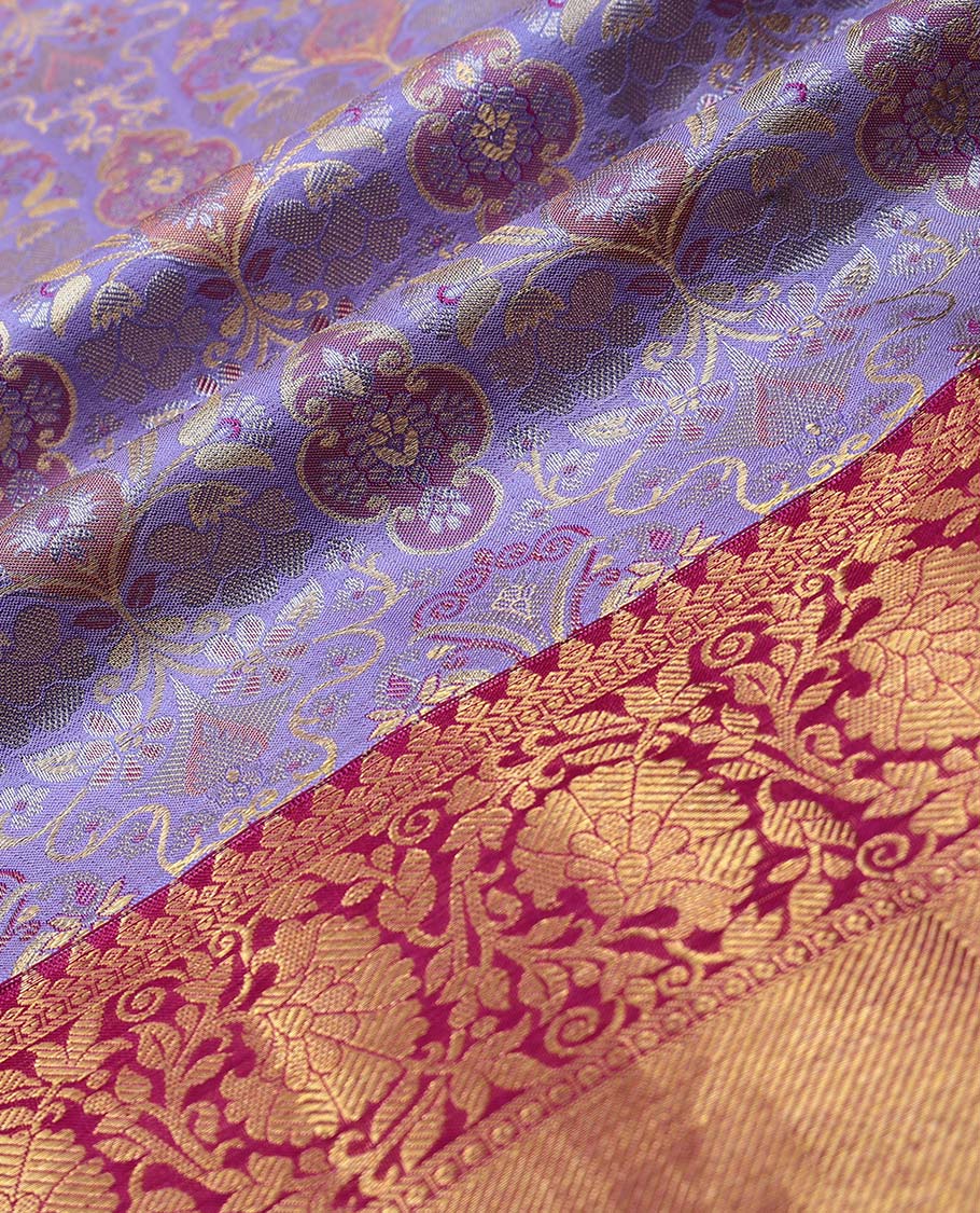 lavender floral jacquard pure silk half saree with contrast traditional design border , zari design blouse & floral jaal design dhavani