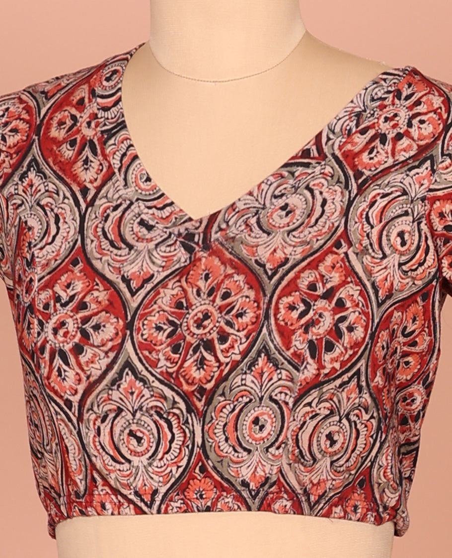 Red Cotton Readymade Blouse Spotlighted with All-Over Ogee Patterns Print, Featuring a Front Round-Neck, a Closed Back Neck, and Elbow Sleeves