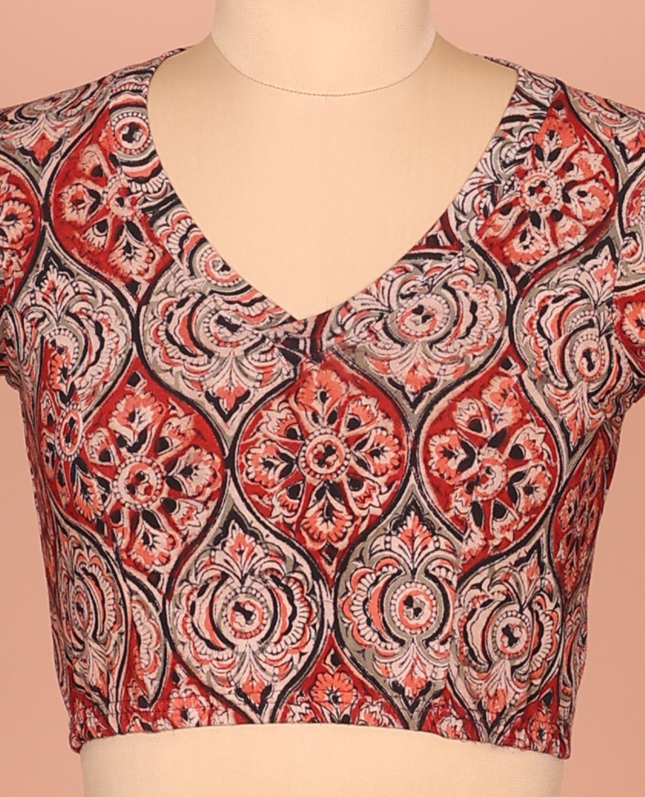 Red Cotton Readymade Blouse Spotlighted with All-Over Ogee Patterns Print, Featuring a Front Round-Neck, a Closed Back Neck, and Elbow Sleeves