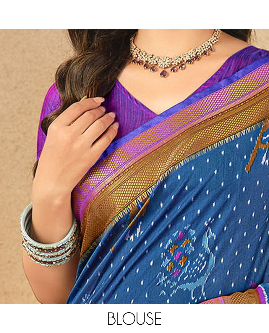 Blue Fancy Raw Silk Designer Saree, Adorned with Ikat Butta and Bird Buttas, a Contrast Traditional Border, a Patola-Printed Pallu, and a Contrast Blouse