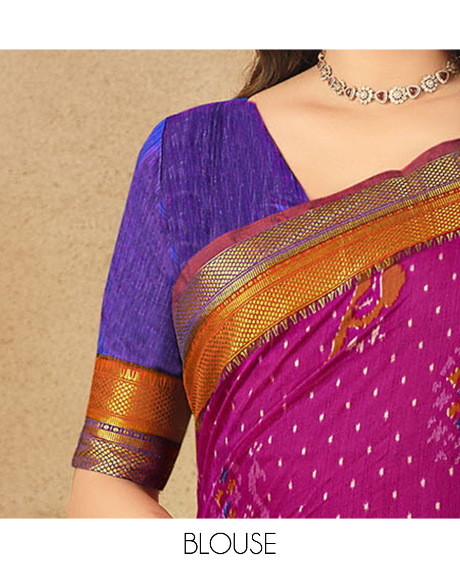 Pink Fancy Raw Silk Designer Saree, Accentuated with Ikat Butta and Bird Buttas, a Contrast Traditional Border, a Patola-Printed Pallu, and a Contrast Blouse