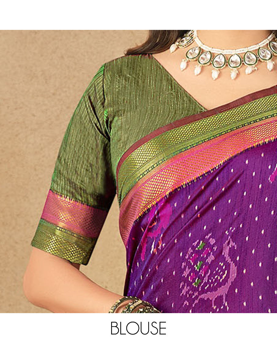 Purple Fancy Raw Silk Designer Saree, Bedecked with Ikat Butta and Bird Buttas, a Contrast Traditional Border, a Patola-Printed Pallu, and a Contrast Blouse