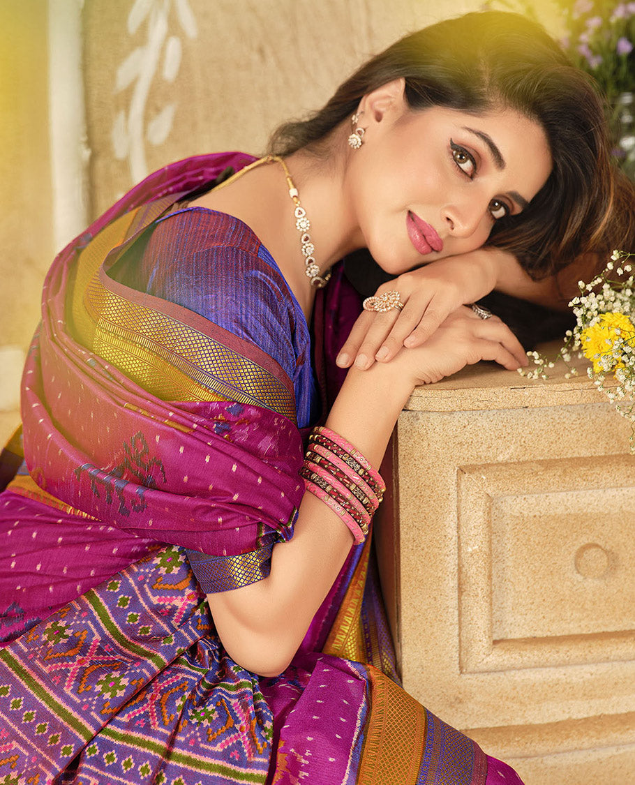 Pink Fancy Raw Silk Designer Saree, Accentuated with Ikat Butta and Bird Buttas, a Contrast Traditional Border, a Patola-Printed Pallu, and a Contrast Blouse