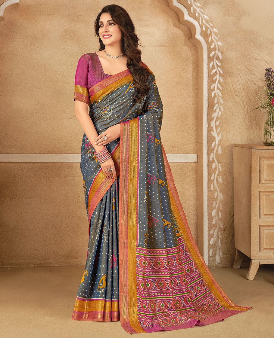 Grey Fancy Raw Silk Designer Saree, Detailed with Ikat Butta and Bird Buttas, a Contrast Traditional Border, a Patola-Printed Pallu, and a Contrast Blouse