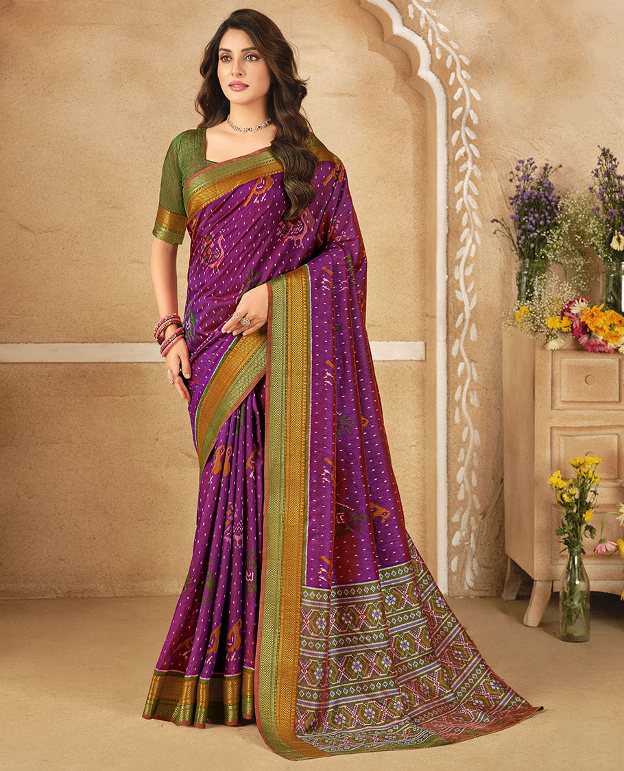 Purple Fancy Raw Silk Designer Saree, Crafted with Ikat Butta and Bird Buttas, a Contrast Traditional Border, a Patola-Printed Pallu, and a Contrast Blouse