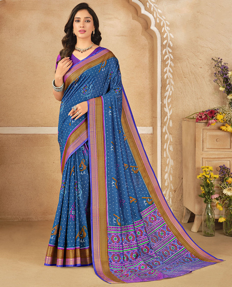 Blue Fancy Raw Silk Designer Saree, Adorned with Ikat Butta and Bird Buttas, a Contrast Traditional Border, a Patola-Printed Pallu, and a Contrast Blouse