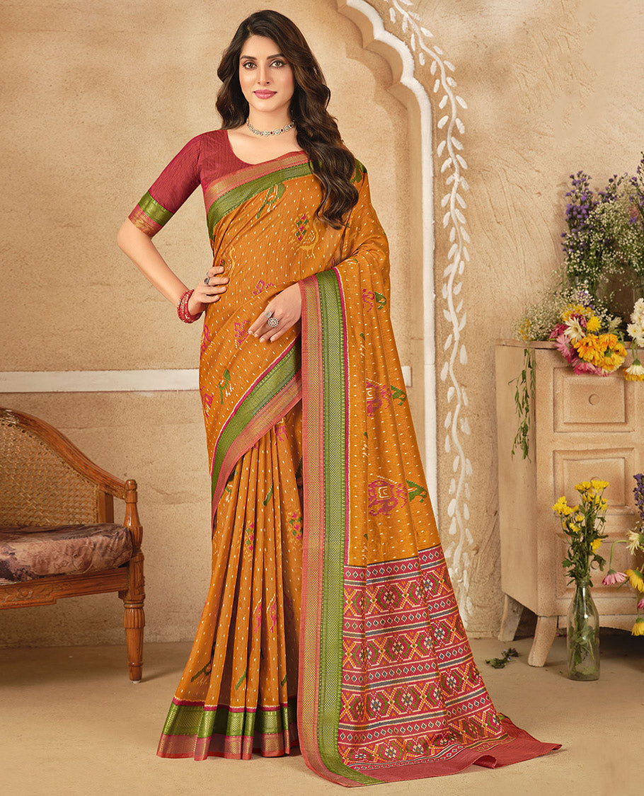 Orange Fancy Raw Silk Designer Saree, Elevated with Ikat Butta and Bird Buttas, a Contrast Traditional Border, a Patola-Printed Pallu, and a Contrast Blouse
