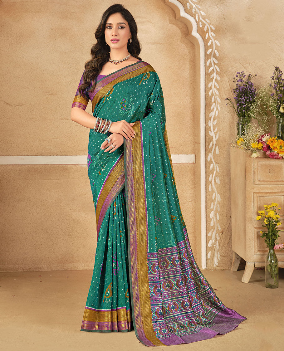 Green Fancy Raw Silk Designer Saree, Embellished with Ikat Butta and Bird Buttas, a Contrast Traditional Border, a Patola-Printed Pallu, and a Contrast Blouse