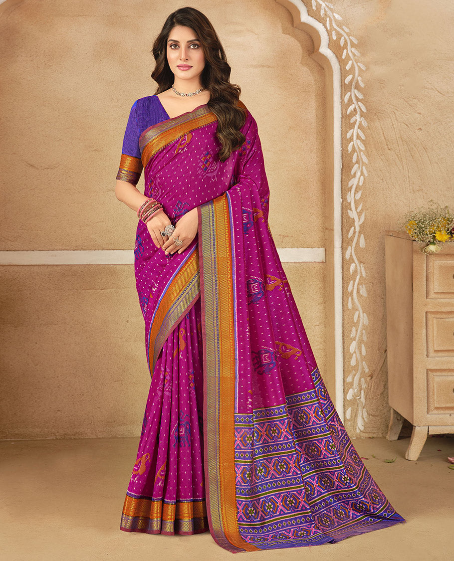 Pink Fancy Raw Silk Designer Saree, Accentuated with Ikat Butta and Bird Buttas, a Contrast Traditional Border, a Patola-Printed Pallu, and a Contrast Blouse