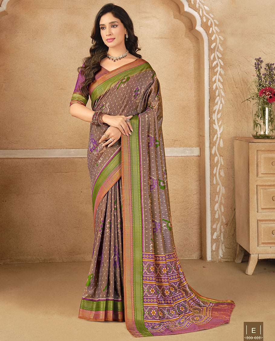 Brown Fancy Raw Silk Designer Saree, Ornamented with Ikat Butta and Bird Buttas, a Contrast Traditional Border, a Patola-Printed Pallu, and a Contrast Blouse