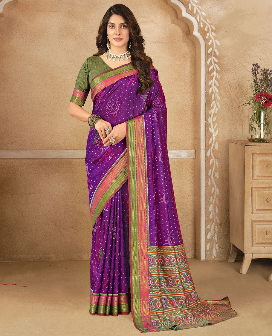 Purple Fancy Raw Silk Designer Saree, Bedecked with Ikat Butta and Bird Buttas, a Contrast Traditional Border, a Patola-Printed Pallu, and a Contrast Blouse