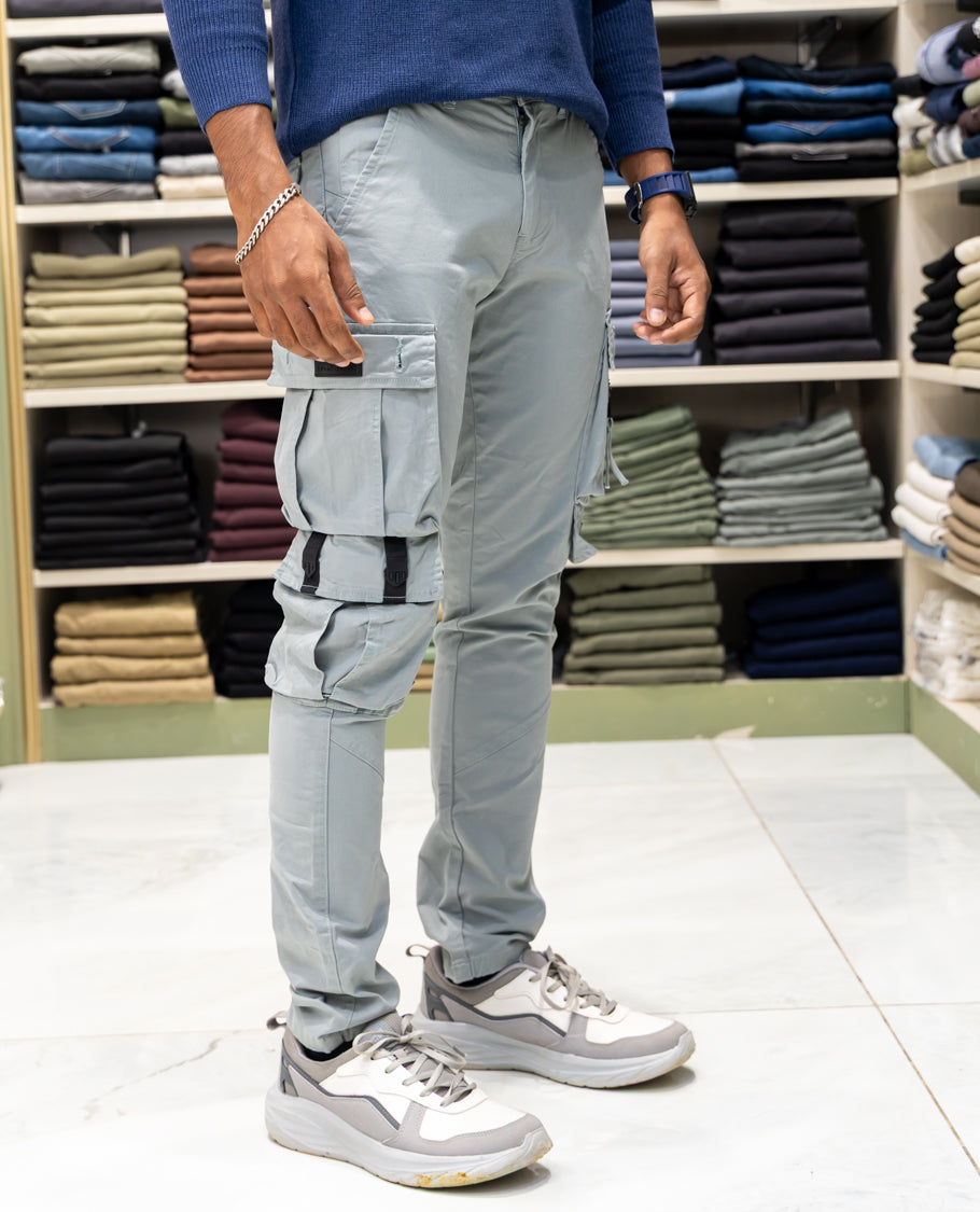 Light Grey Cotton-Blended Cargo Trousers Features Belt Loops, a Regular Fit, and a Regular Length