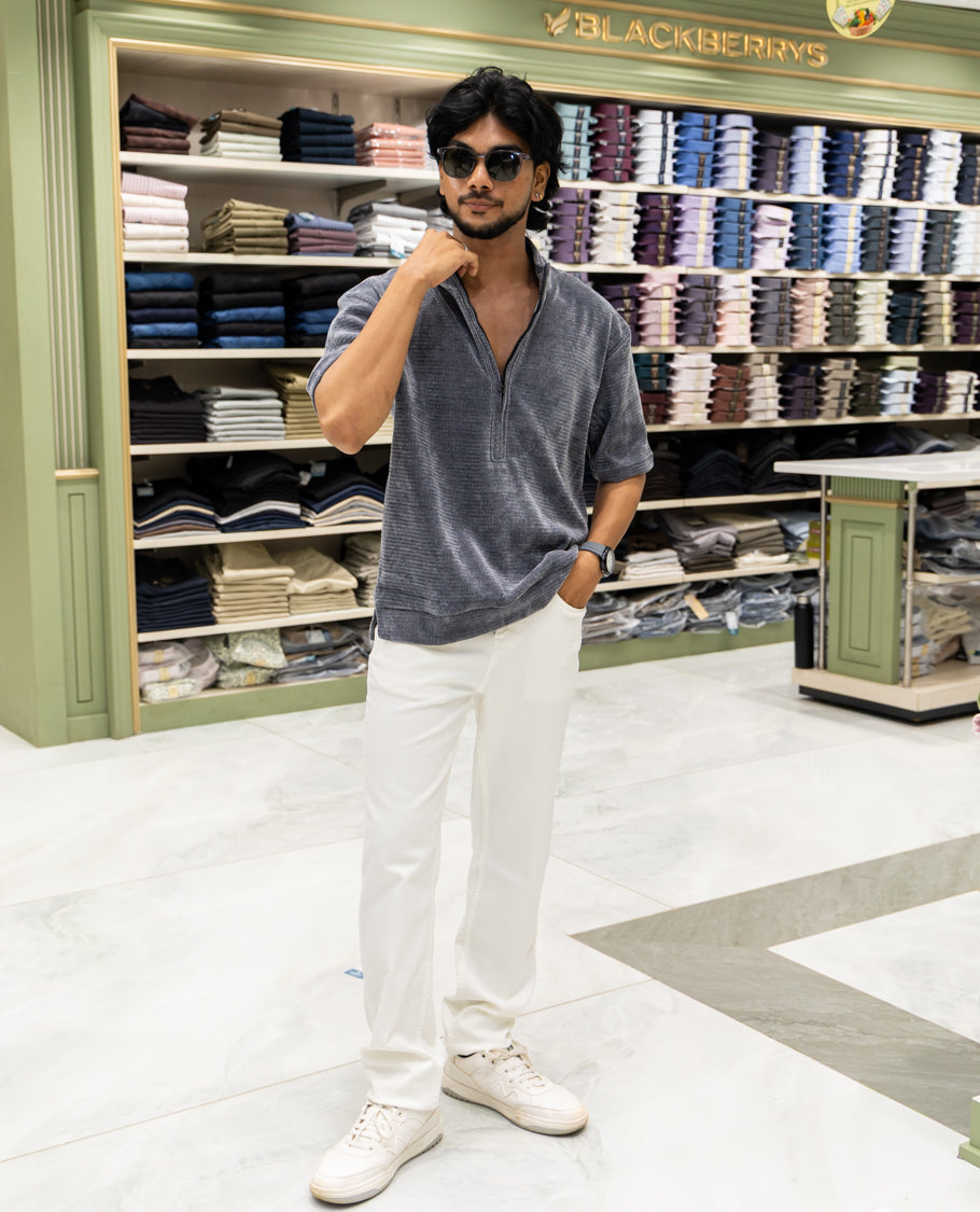 Grey Plain Suede Zipper T-Shirt Features Half Sleeves, a Crew Neck, a Boxy Fit, and Regular Length