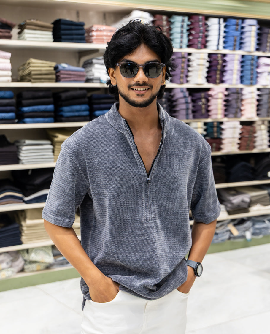 Grey Plain Suede Zipper T-Shirt Features Half Sleeves, a Crew Neck, a Boxy Fit, and Regular Length