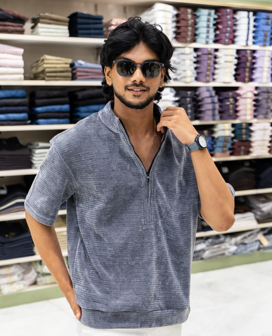 Grey Plain Suede Zipper T-Shirt Features Half Sleeves, a Crew Neck, a Boxy Fit, and Regular Length