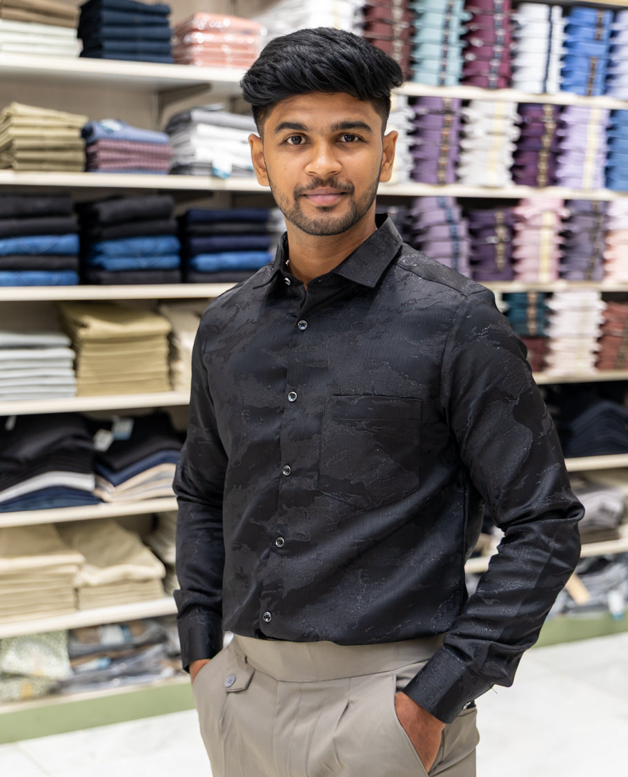 Black Poly Blended Party Wear Shirt Features Jacquard Texture, Full Sleeves, a Slim Fit, a Spread Collar, and Regular Length