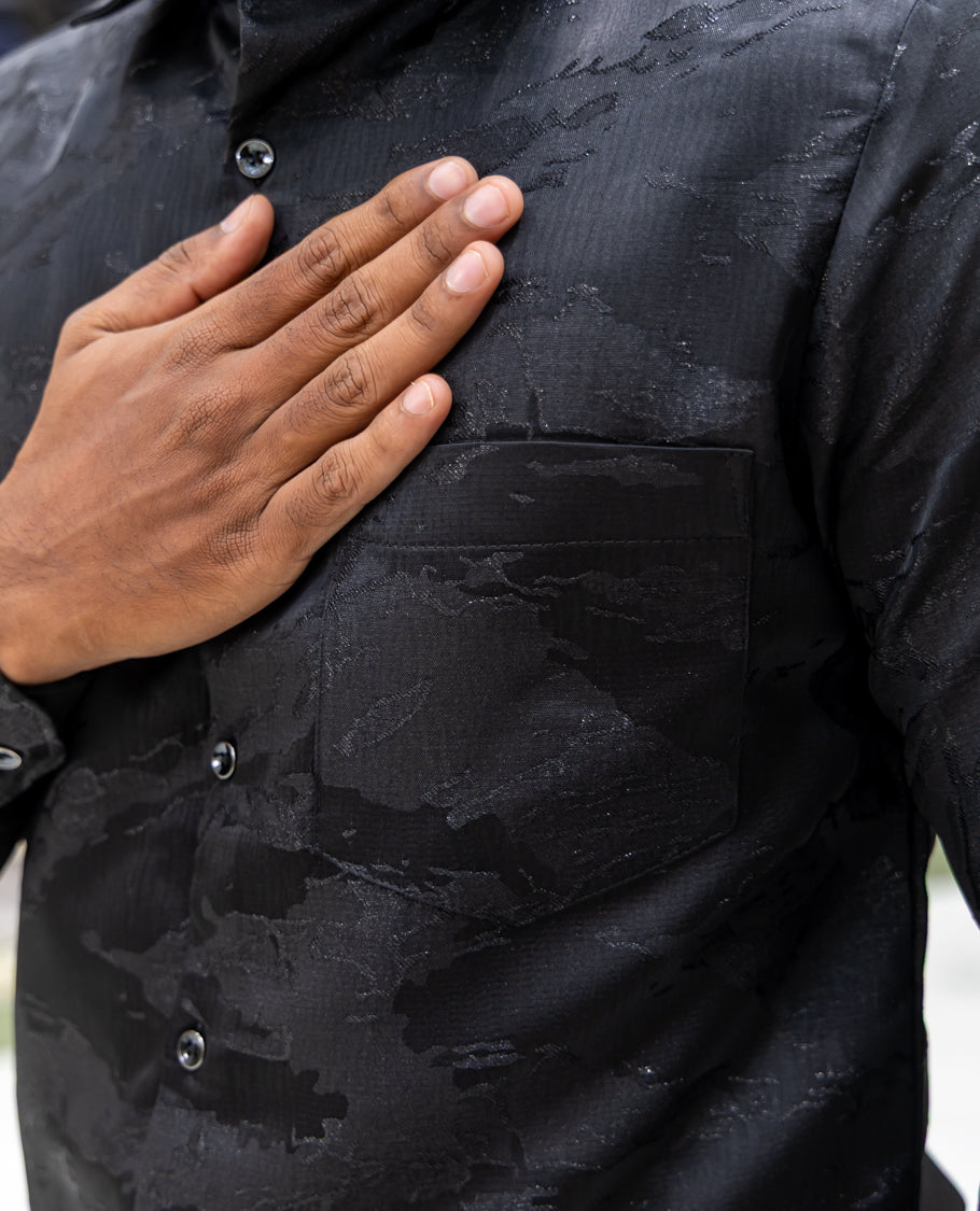 Black Poly Blended Party Wear Shirt Features Jacquard Texture, Full Sleeves, a Slim Fit, a Spread Collar, and Regular Length