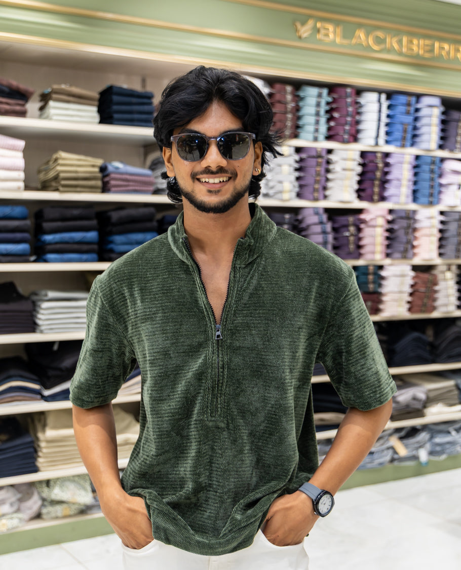 Green Plain Suede Zipper T-Shirt Features Half Sleeves, a Crew Neck, a Boxy Fit, and Regular Length