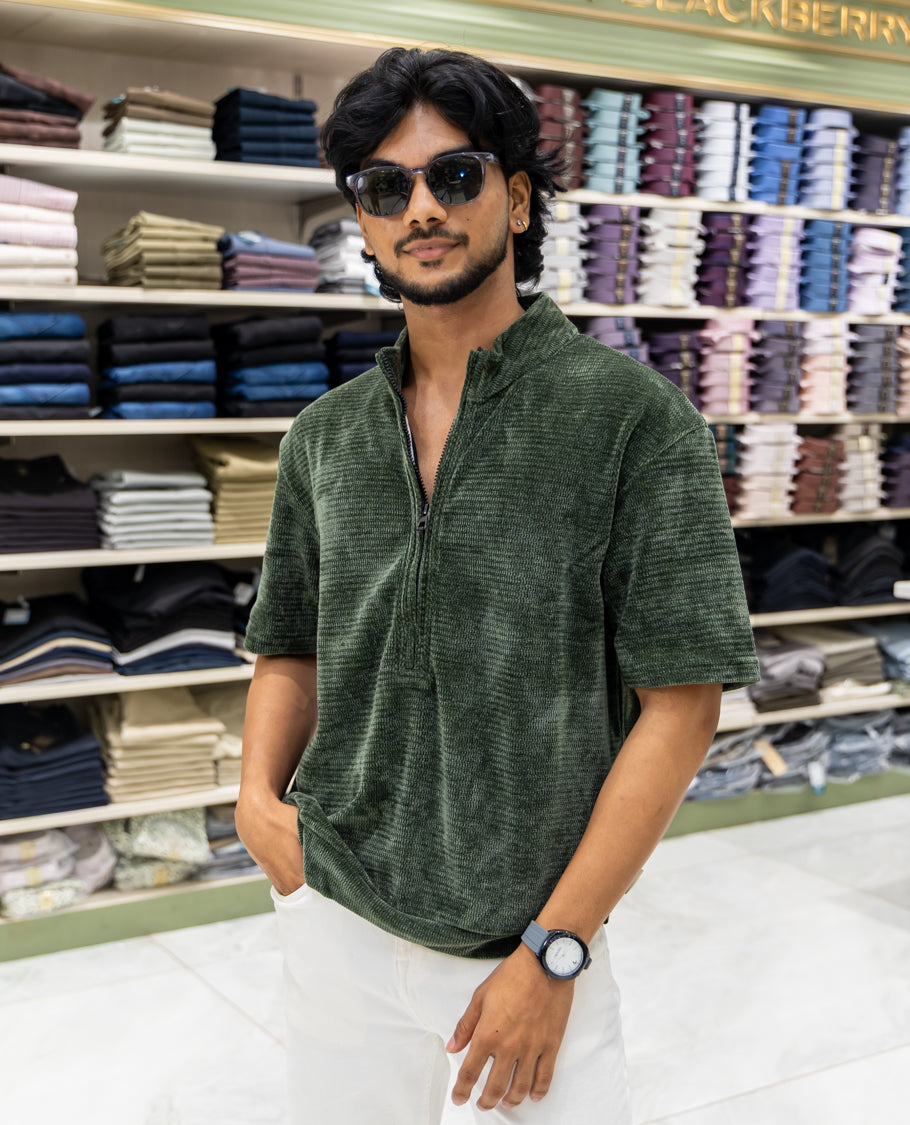 Green Plain Suede Zipper T-Shirt Features Half Sleeves, a Crew Neck, a Boxy Fit, and Regular Length