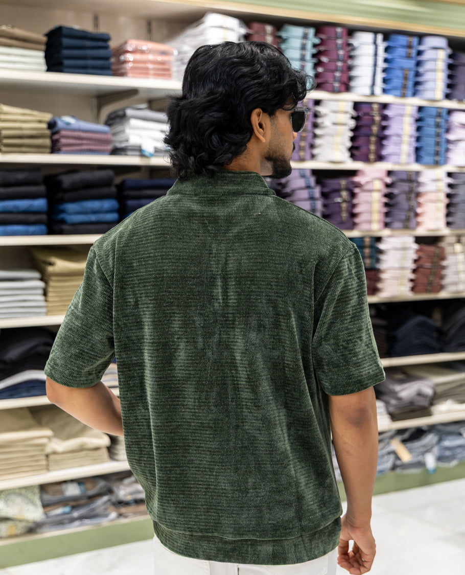 Green Plain Suede Zipper T-Shirt Features Half Sleeves, a Crew Neck, a Boxy Fit, and Regular Length
