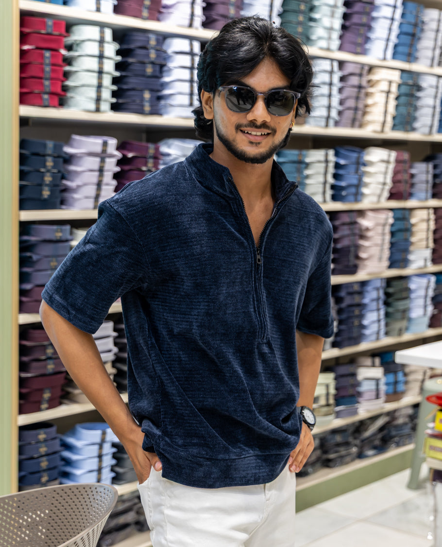 Blue Plain Suede Zipper T-Shirt Features Half Sleeves, a Crew Neck, a Boxy Fit, and Regular Length