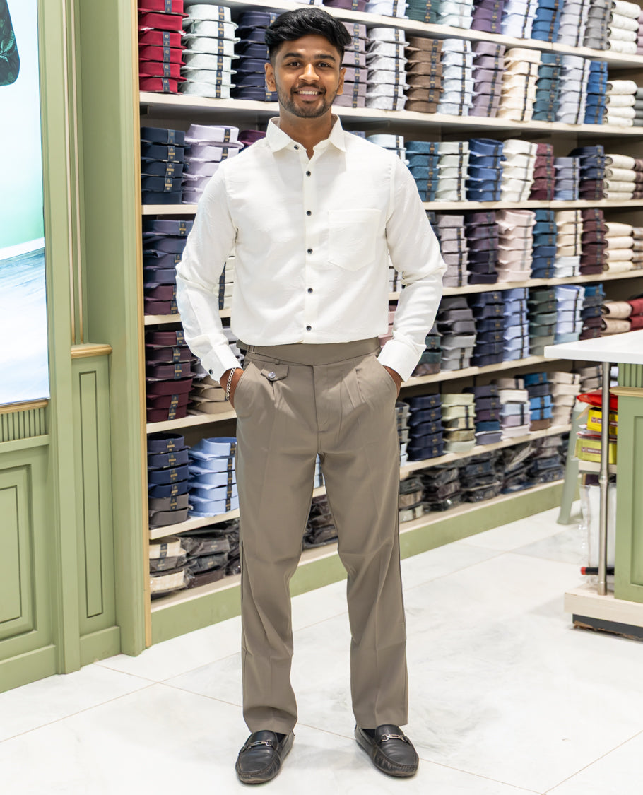 White Poly Blended Party Wear Shirt Features Jacquard Texture, Full Sleeves, a Slim Fit, a Spread Collar, and Regular Length